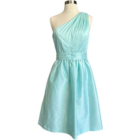 Alfred Sung One Shoulder Dupioni Belted Cocktail Dress Style D528 Sea Side - Picture 1 of 12